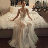 Beaded Tulle Skirt Spaghetti Straps Long Wedding Gowns Beach A-line Illusion Women Bridal Dress OKW50