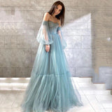 A-line Sweetheart Prom Dress Puff Sleeve Elegant Formal Long Evening Gowns OKW84