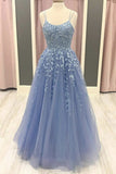 Spaghetti Straps Blue Lace Appliques Long Prom Dress Tulle Formal Graduation Evening Dress OKY77