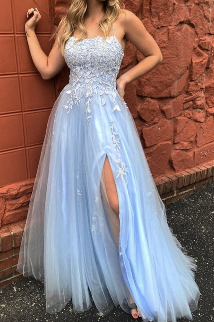 Spaghetti Straps Blue Lace Appliques Prom Dress A-line Tulle Formal Evening Dress OKX11