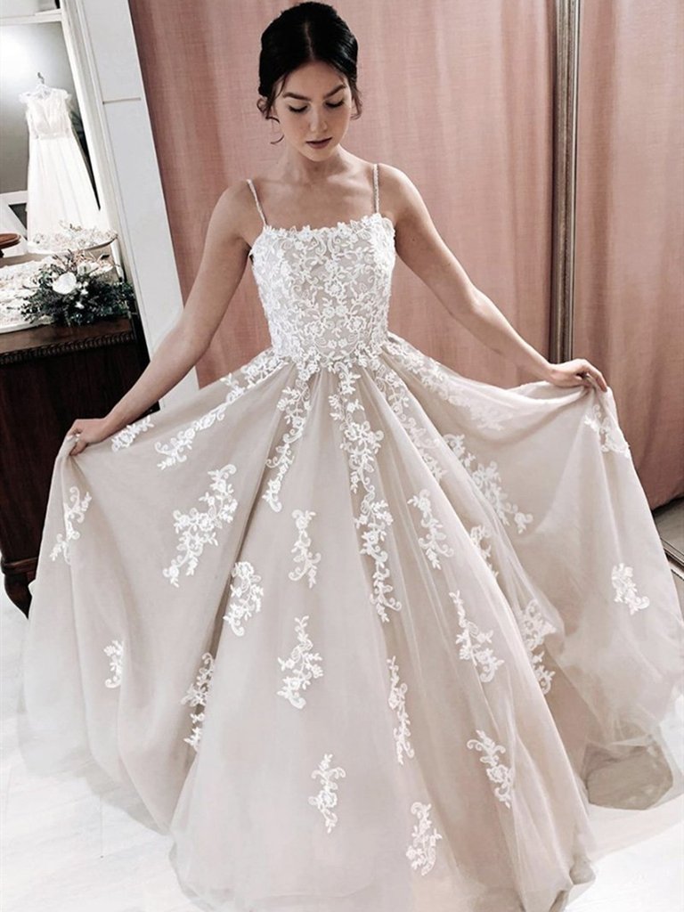 Spaghetti Straps Lace Appliques Wedding Dress Lace Long Prom Formal Dress OKX54