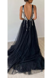 Sparkly A-line Tulle Sequins Deep V Neck Black Long Prom Dress OKV43