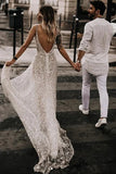 Sparkly Sequins Lace A-line Open Back Deep V-neck Beach Wedding Dresses OK1673