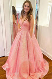 Pink Sparkly Sequins A-Line V-neck Spaghetti Straps Prom Dresses With Pockets OK2009