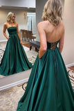 Strapless A-line Long Dark Green Satin Prom Dress With Pockets OKY8
