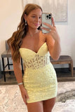 Strapless Beaded Short Yellow Lace Prom Dresses, Yellow Lace Sheath Homecoming Dresses OK1717