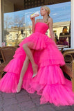Strapless High Low Hot Pink Tulle Long Prom Dresses, High Low Formal Evening Dresses OK1671