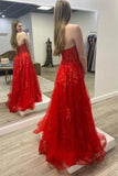 Chic Strapless Red A Line Tulle Long Prom Dress with Lace Appliques OK1968