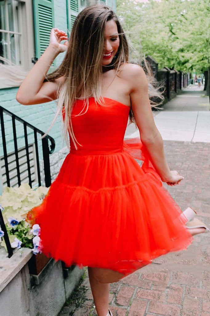 Strapless Short Red Prom Dress A Line Sweet Tulle Graduation Homecoming Dress OKX48