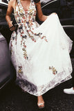 Charming Long Floral Lace Prom Dresses A Line V Neck Cheap Wedding Dress OKH88