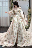 Stylish Long Sleeves Printed Long Prom Dress with High Slit, Long Formal Evening Dress OK1995