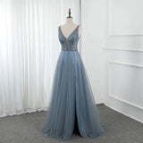 Sweet Blue Long V Neck Tulle Beading Backless Split Formal Prom Gowns OKW65