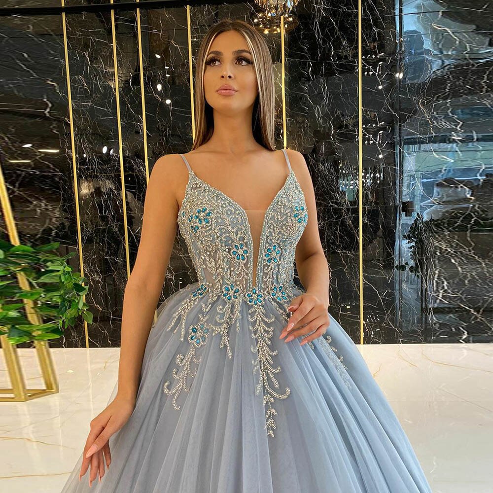 Dusty Blue Ball Gown Prom Dress Long Spaghetti Straps Tulle Crystals Beaded Formal Party Dress OKV97