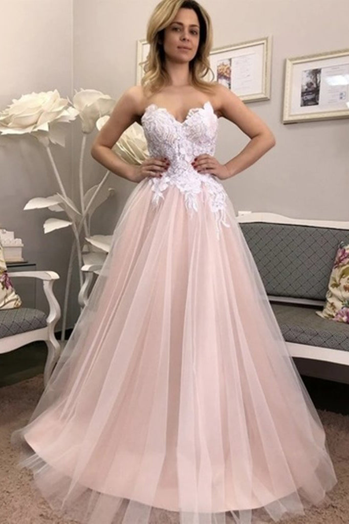 Sweetheart A-line Pink Lace Prom Dress Tulle Long Formal Evening Dress OKZ13
