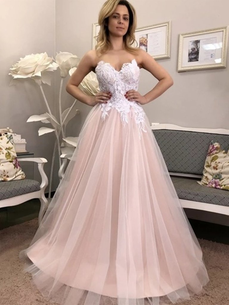 Sweetheart A-line Pink Lace Prom Dress Tulle Long Formal Evening Dress OKZ13