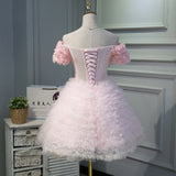 Cute Pink A Line Tulle Off the Shoulder Homecoming Dress With Flowers OKN53