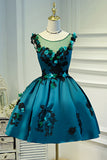 A Line Flower Appliques Round Neck Homecoming Dress, Blue Short Prom Dress OKN71
