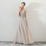 A Line Tulle Long Straps Lace Up Back Beading Prom Dress Evening Dress OKG73