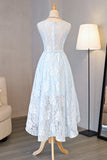 Light Blue Lace Round Neck High Low Halter Bow Prom/Homecoming Dress,Sweet 16 Dress OK248