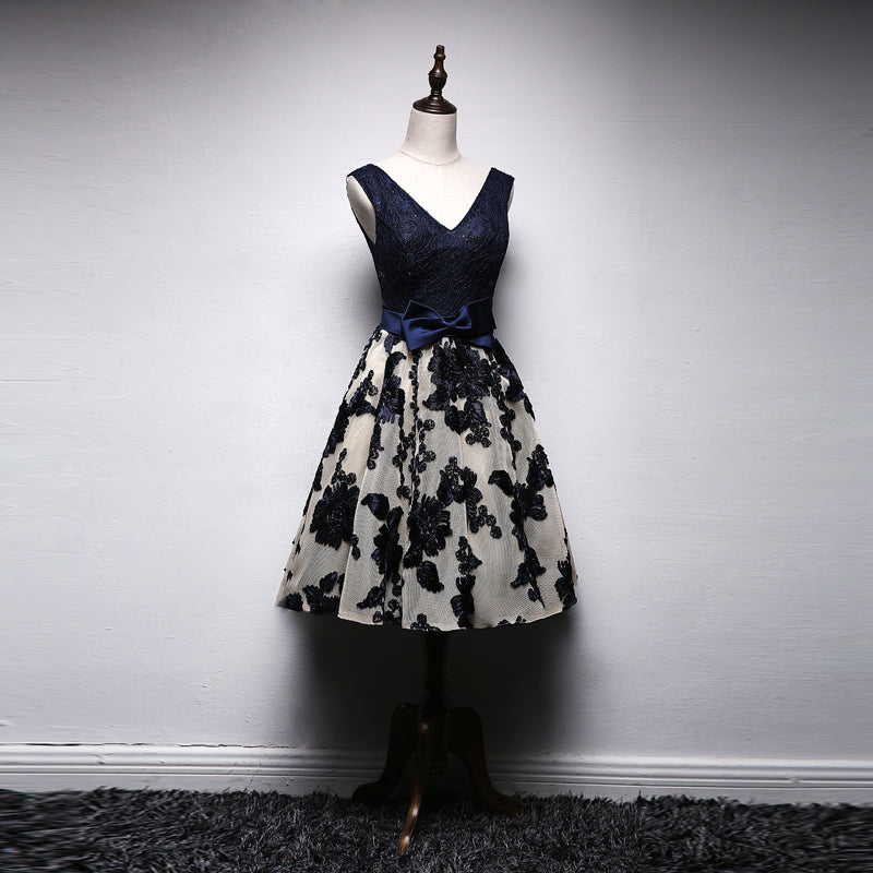 A Line Navy Blue V Neck Homecoming Dress, Short Bow-knot Prom Dress OKN66