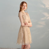 Gold Sequins A-Line Short Tulle Half Sleeves Homecoming Dresses OKC98