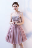 A-Line Strapless Flowers Short Tulle Homecoming Dresses,Cocktail Dress OKC64