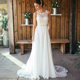 Elegant A-Line Round Neck Chiffon with Lace,Beach Boho Wedding Dress OKM88