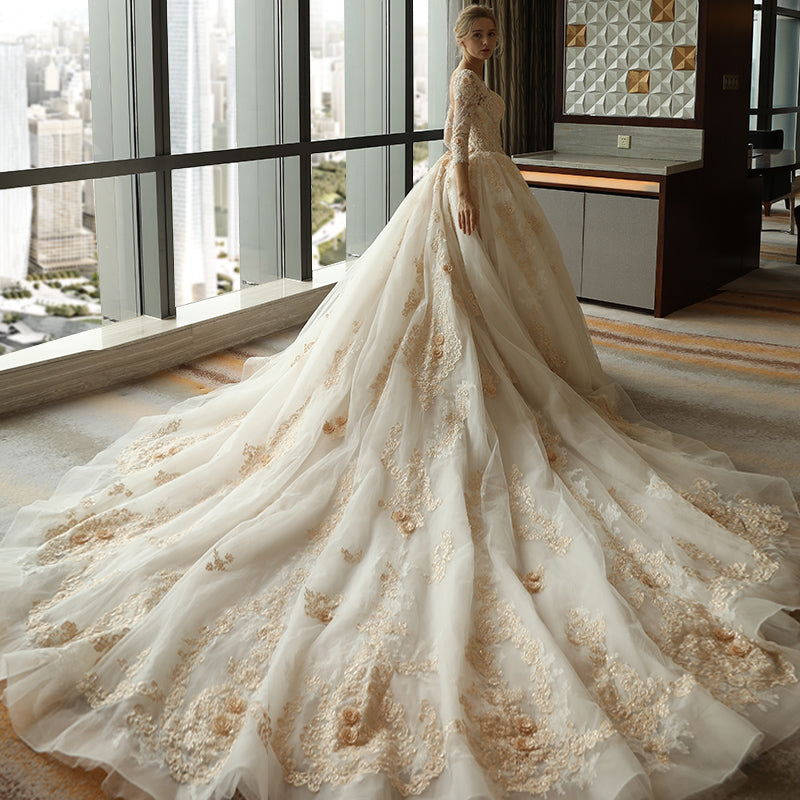 3/4 Sleeve Lace Appliques Tulle Ball Gowns Plus Size Wedding Dress OK639