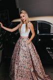 A-line Prom Dresses,Two Piece Prom Gown,Printed Prom Dress,Floral Prom Dress