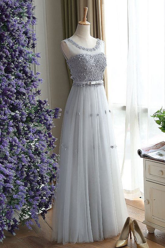 Unique Prom Dress,A Line Prom Dresses, Charming Prom Dresses,Gray Evening Dress,Gray Prom Gowns, Floral  Women Dress,Long Prom Dress