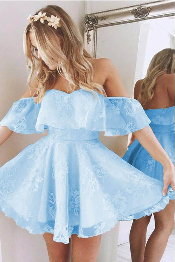 Short A Line Sweetheart Ruffles Prom Dresses,Off Shoulder Cute Lace Blue Homecoming Dresses OK491