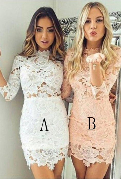 Sexy Sheath Lace 3/4 Sleeves Scalloped Neck Pink Homecoming/Cocktail Dress OK326