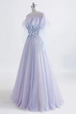 Princess Tulle Jewel Floor-length Prom Dress With Lace Appliques OKU60