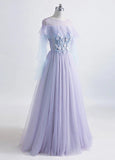 Princess Tulle Jewel Floor-length Prom Dress With Lace Appliques OKU60