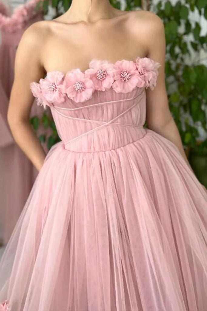 A Line Tea Length Pink Floral Prom Dresses, Formal School Party Dresses OK1992
