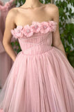 A Line Tea Length Pink Floral Prom Dresses, Formal School Party Dresses OK1992