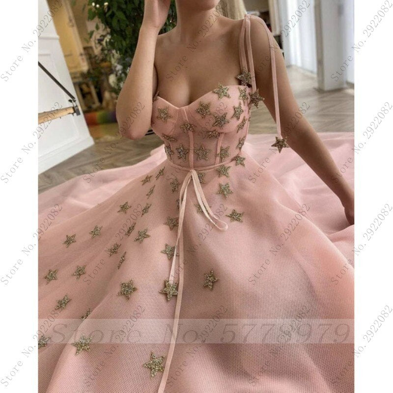 Pink A-line Prom Dress With Stars Princess Bustier Corset Evening Dress With Pocket OKV70
