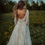 A-line Lace Long Sleeves Beach Wedding Dress V Neck Boho Wedding Dress OKY93