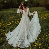 A-line Lace Long Sleeves Beach Wedding Dress V Neck Boho Wedding Dress OKY93