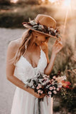 Tulle A-line V-neck Spaghetti Straps Lace Appliques Boho Wedding Dress Beach Bridal Dress OK1651