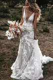 A Line Tulle Lace Mermaid V Neck Wedding Dresses, Beach Wedding Dresses OK1805