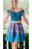 Two Piece Turquoise Off Shoulder Beading Floral Homecoming Dress OKM33