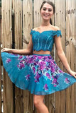 Two Piece Turquoise Off Shoulder Beading Floral Homecoming Dress OKM33