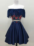 Two Piece Off-the-Shoulder Floral Satin Dark Blue Homecoming Dresses OKE8