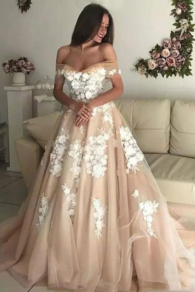 Charming A-line Off the Shoulder Tulle Long Prom Dress with White Appliques OKU16