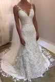 V Neck Backless Lace Mermaid Wedding Dress V Back Elegant Bridal Dress OKZ36
