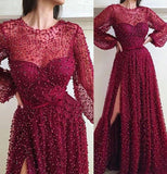 Cheap A Line Burgundy Long Sleeve Vintage Split Prom Dress OKE95
