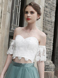 A-line White Lace Off Shoulder Two Pieces Homecoming Dresses,Elegant Tulle Short Prom Dress OK392