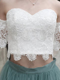 A-line White Lace Off Shoulder Two Pieces Homecoming Dresses,Elegant Tulle Short Prom Dress OK392