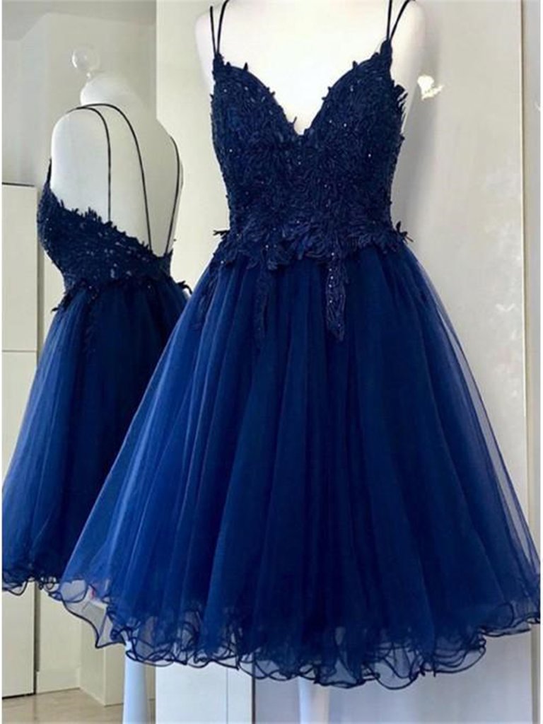 V Neck Navy Blue Lace Top Short Prom Dress Short A-line Tulle Homecoming Dress OKX65